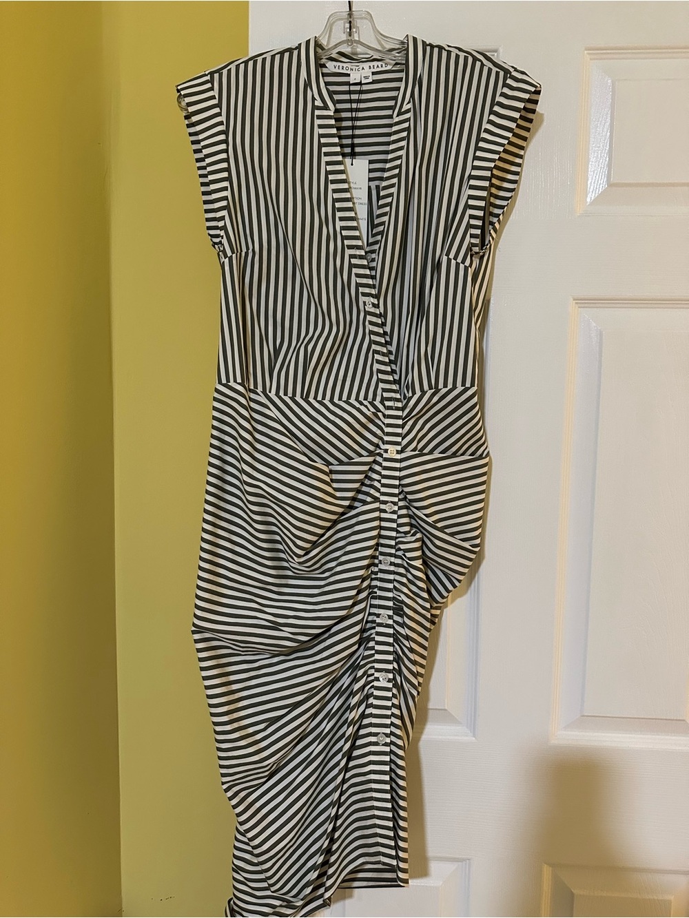 Veronica Beard Black & White Striped Midi Dress with Ruched Front